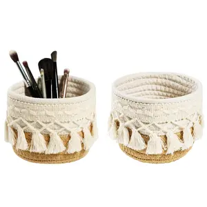 2pcs Tassel Makeup Brush Holder Organizer, Mini Cosmetic Container, Bohemian Small Round Storage Basket, 4.7" X 3.9" Tassel Decorative Pen Holder for Desktop Storage and Decoration, Shelf Baskets
