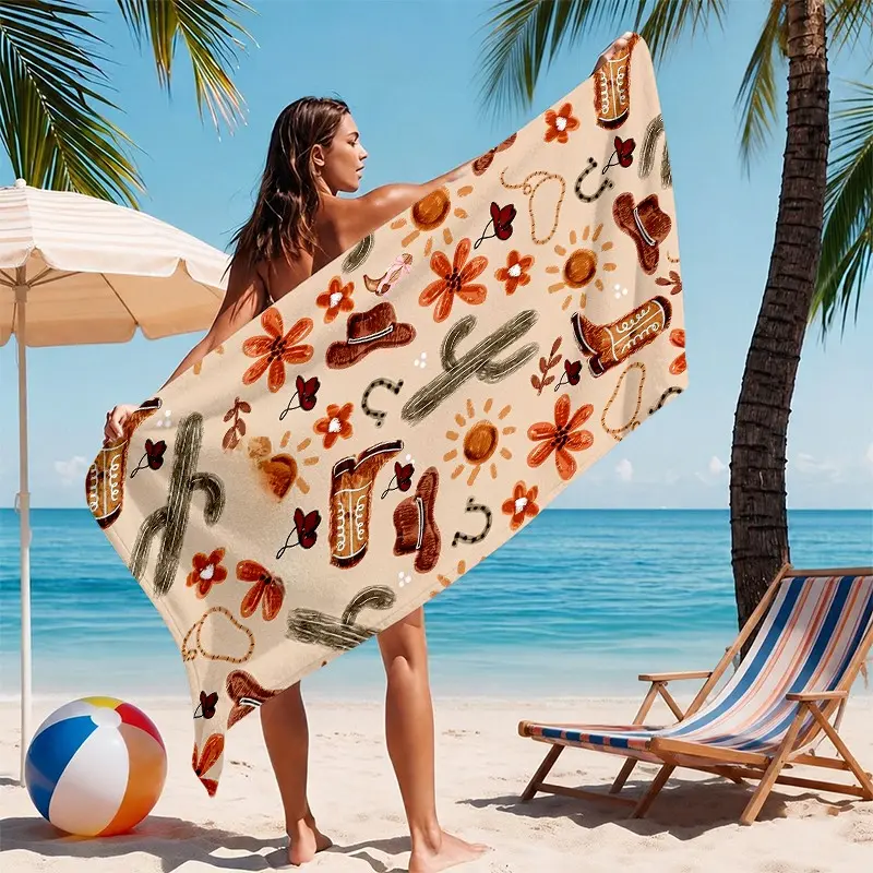 1pc Vintage Western Beach Towel, Cowboy Hat Boot Cactus Floral Pattern Soft Absorbent Lightweight Quick Dry Towel for Beach, Pool, Travel, Camping and Outdoor Activities, Summer Holiday Gift for Women, Men and Family