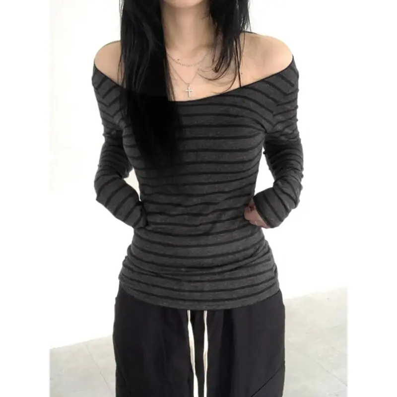 Women's Striped Off-Shoulder Longsleeves T-Shirt - Casual Chic, Lightweight, All-Seasons Basic Shirts for Ladies - Machine Wash Versatile Daily Wear, Lady