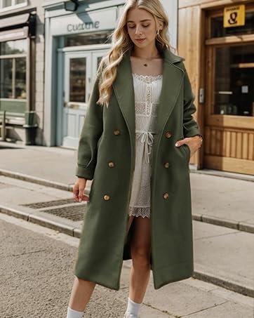 Women's Long Coat Notched Lapel Collar Double Breasted Pea Coat Winter Elegant Wool Blend Over Coats Jackets