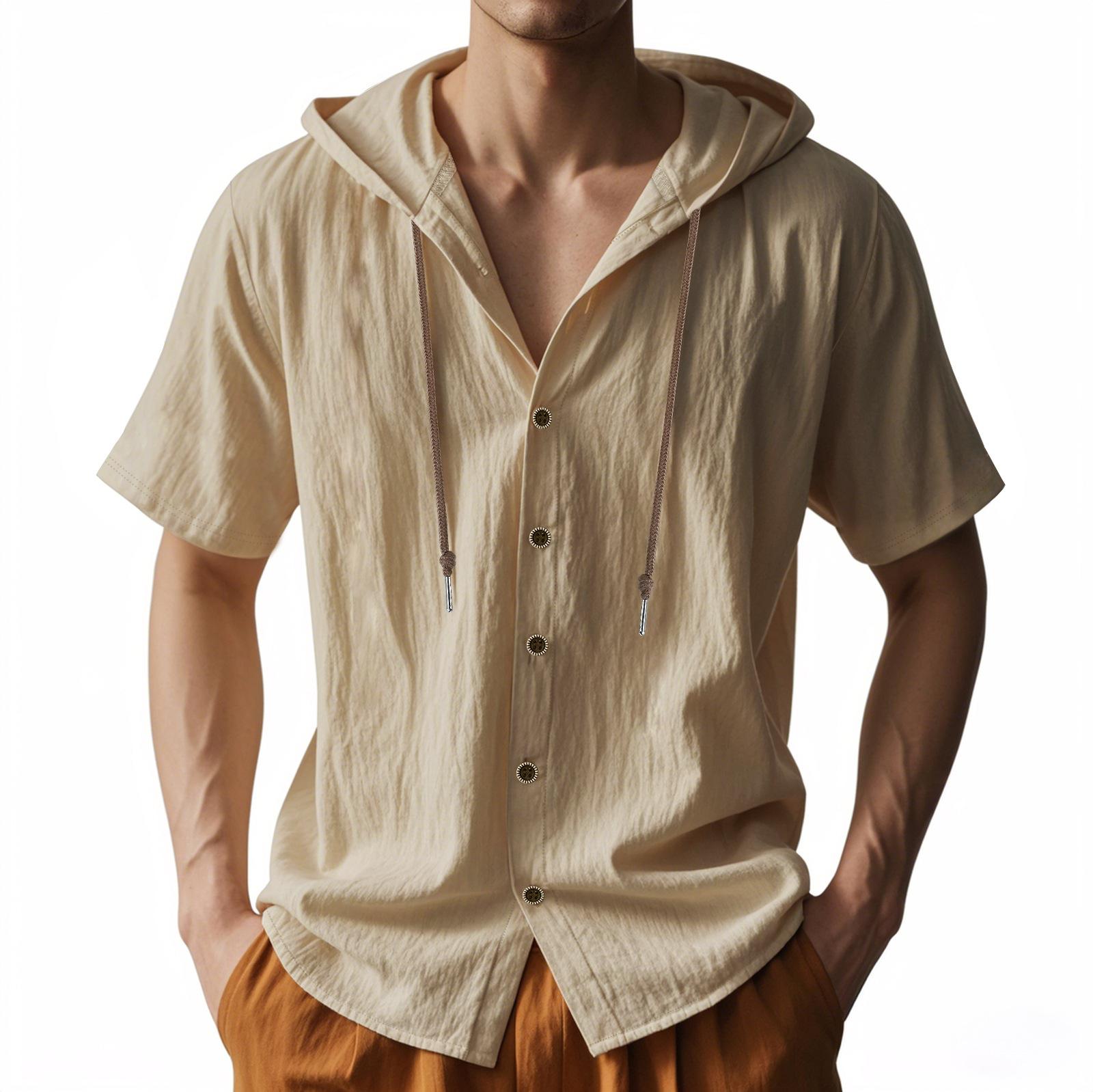 American-style Summer Lightweight Breathable Linen Amekaji Loose-fitting Hooded Men's Short-sleeve Shirt 95% Linen 5% Polyester Casual Menswear