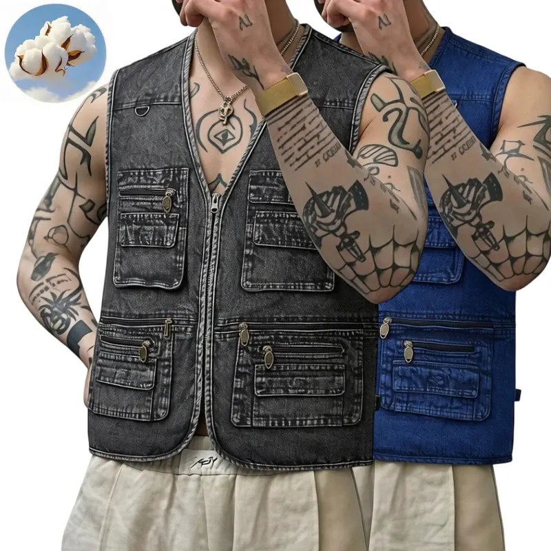 Men's 100% Cotton Retro Denim Work Vest, V-Neck Sleeveless Zip Up Multi Pocket Vintage Black Jean Vest for Streetwear Casual Daily Workwear