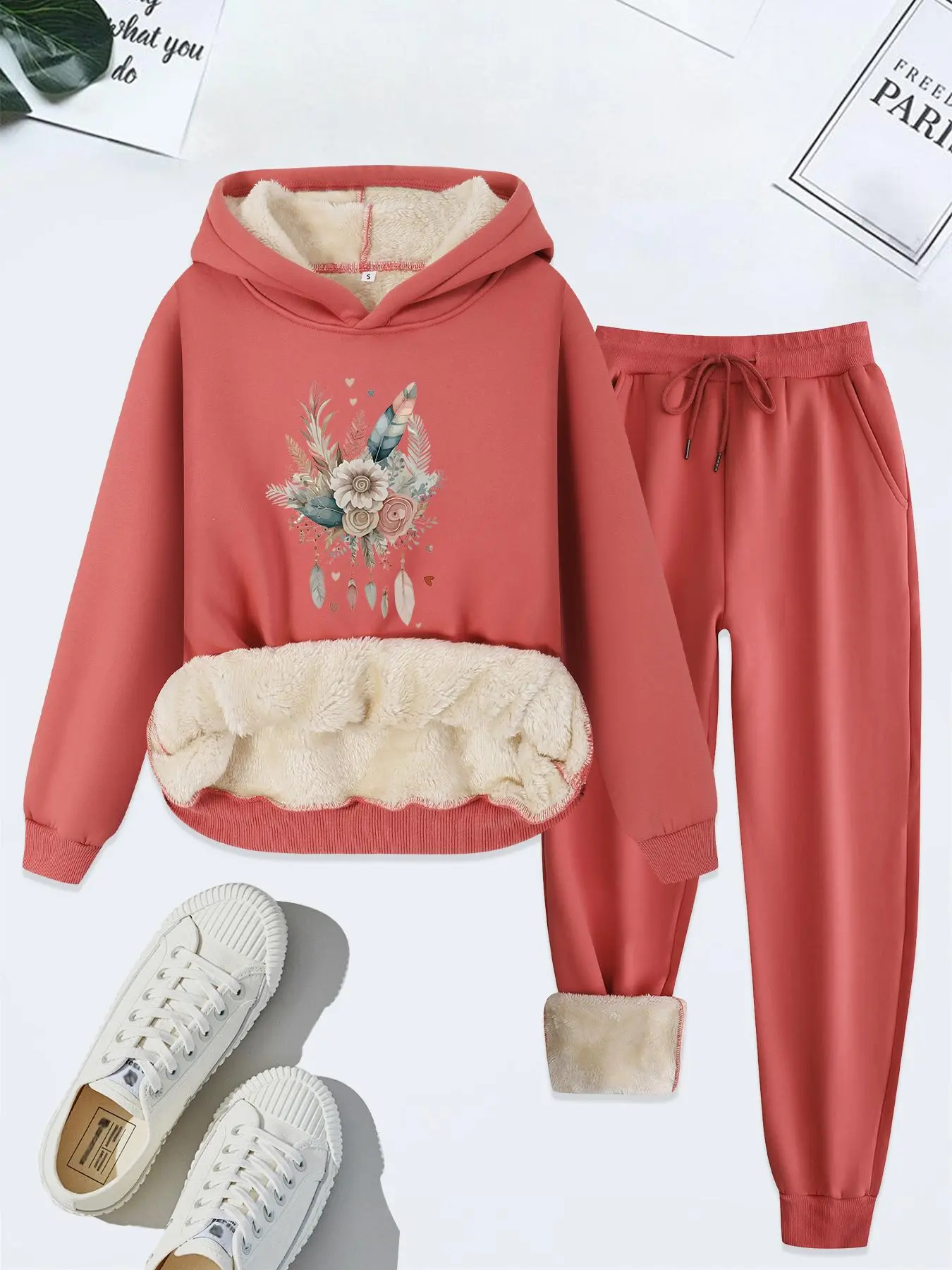 Women's Cartoon Flower Print Thermal Lined Hoodie & Drawstring Waist Pants Two-piece Set, Casual Fashion Set, Casual Long Sleeve Hooded Sweatshirt & Pocket Trousers, Women's Fall & Winter Clothes, Casual Sweatsuits Set