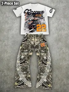 Men's Summer Two-Piece Set, American Retro Racing Theme Street Style, Short Sleeve T-Shirt + Camo Wide Leg Pants, Casual Fashion Loose Fit