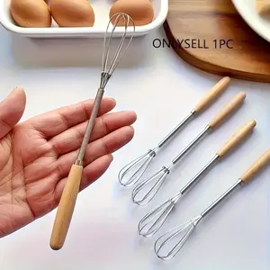 1PC Stainless Steel Mini Egg Beater Egg Whisk with Wooden Handle - Multifunctional Manual Egg Beater, Milk Frother and Coffee Stirrer B32