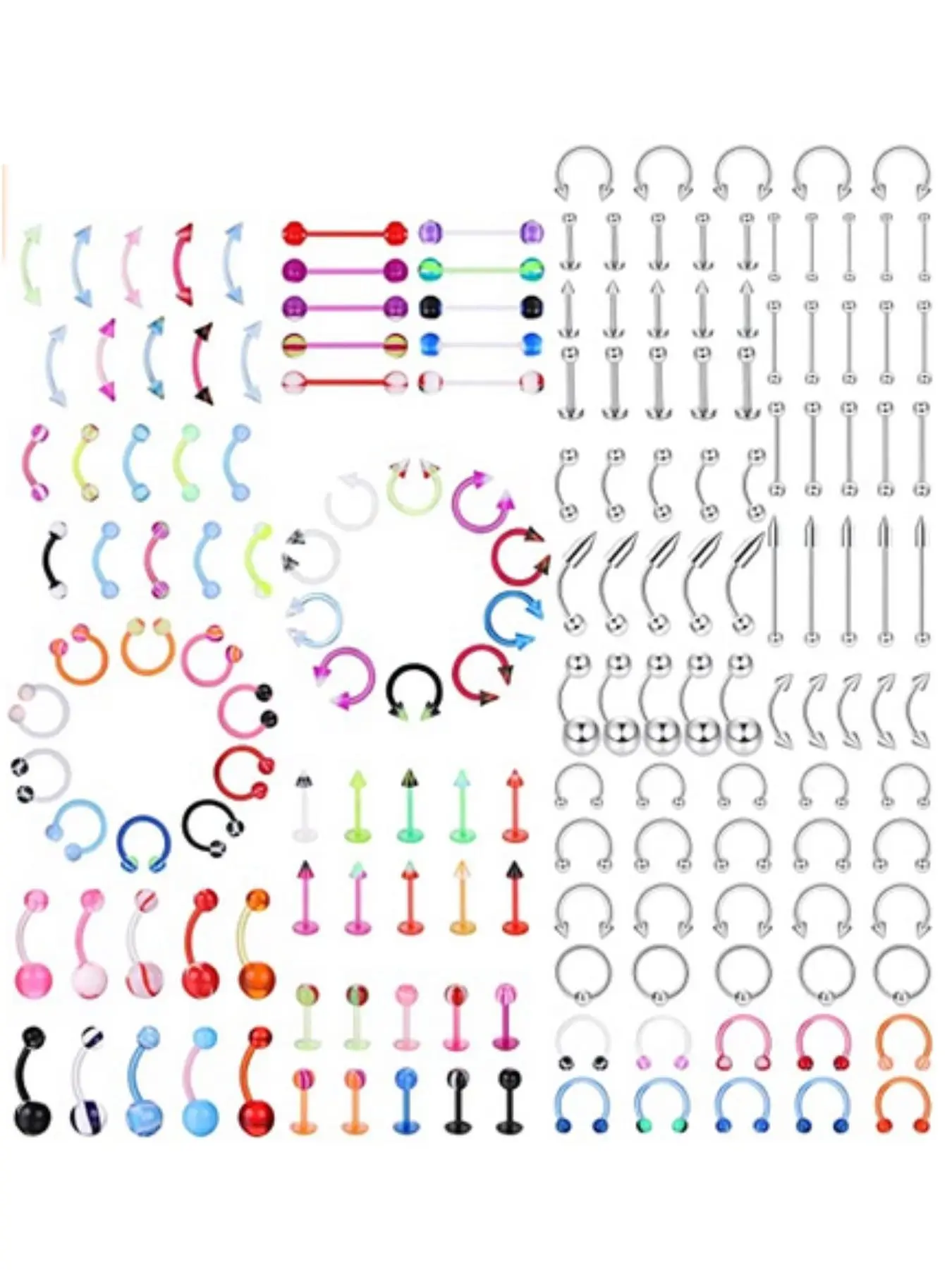 142pcs - 185pcs Body Piercing Jewelry for all piercings, Tongue Nipple Rings Eyebrow Lip Belly Button Barbell Nose Piercing Tragus Navel body jewelry for women piercings 14g-18g