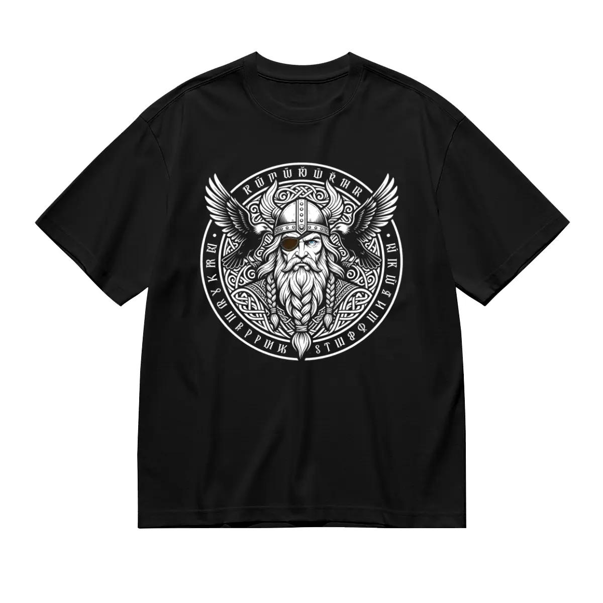 ALTER EGO LAB Men's Casual Short-Sleeve Norse Mythology Odin Viking Warrior Print Oversized Cotton T-Shirt - Menswear Runic Symbol Statement Grunge Textured Knit Top,graphic,Album,outdoor,tshirt,vintage,music,v-neck,united,unisex,jersey