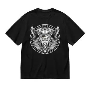 ALTER EGO LAB Men's Casual Short-Sleeve Norse Mythology Odin Viking Warrior Print Oversized Cotton T-Shirt - Menswear Runic Symbol Statement Grunge Textured Knit Top,graphic,Album