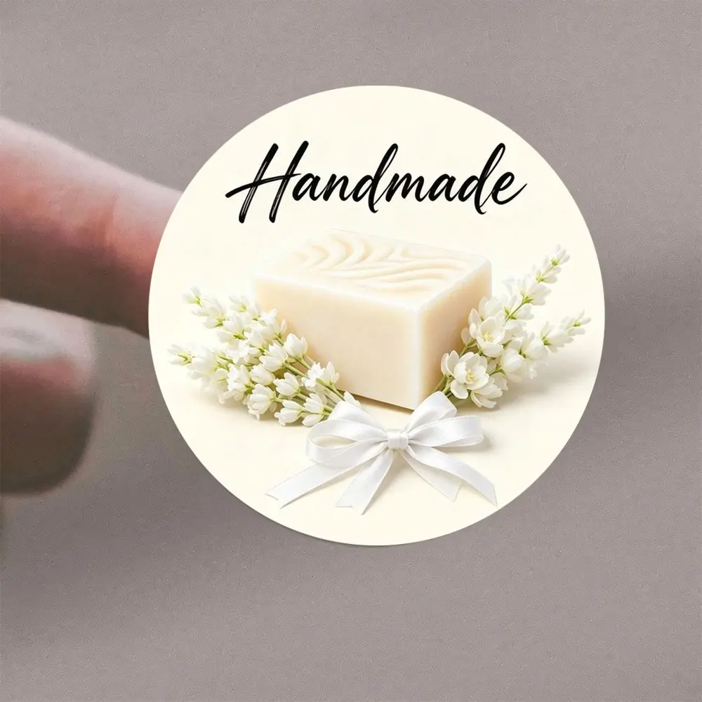 72 Round Handmade Stickers, Jasmine Soap Bar Stickers, Self-Adhesive Labels for DIY Soap, Bath Products, Gift Wrapping, Envelope Seals