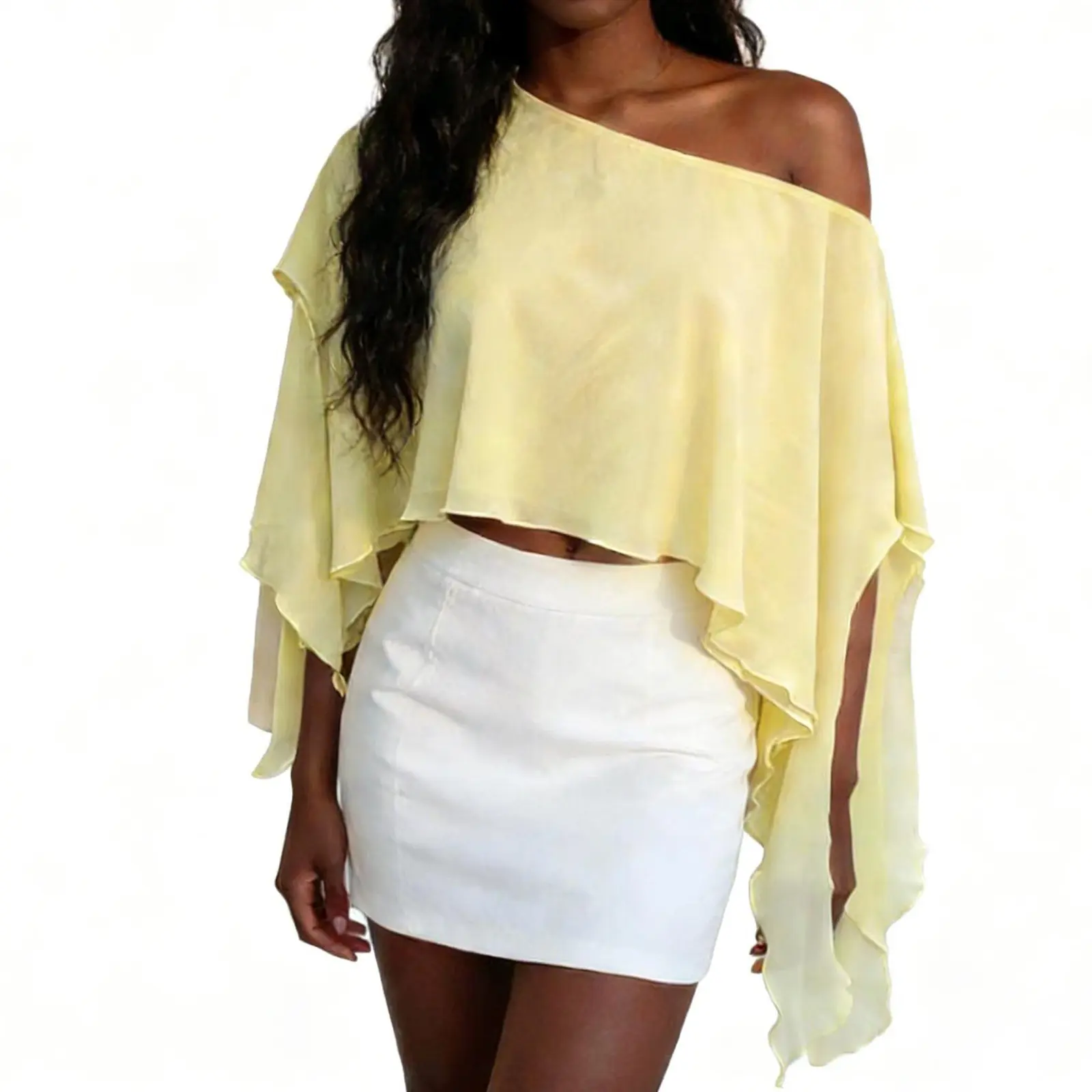 Women Chiffon Poncho Tops Solid Color Off One Shoulder Cover Up Shawl