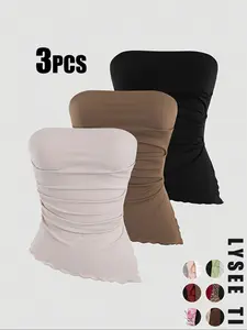 2026 Valentine's Day Women's 3-Piece Autumn/Winter Ruched Tube Top Set, Casual Fashion Sports Multicolor High-Elastic Tops with Lettuce Trim