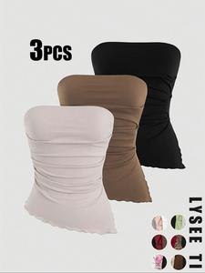 Women's Solid Ruched Tube Top, Casual Fashionable Strapless Top for Daily Wear, Ladies Clothes for Summer