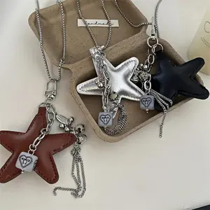 Y2K Leather Five-pointed Star Long Pendant Necklace Kpop Women Sweater Chain Fashion Design Jewelry Trendy Accessories
