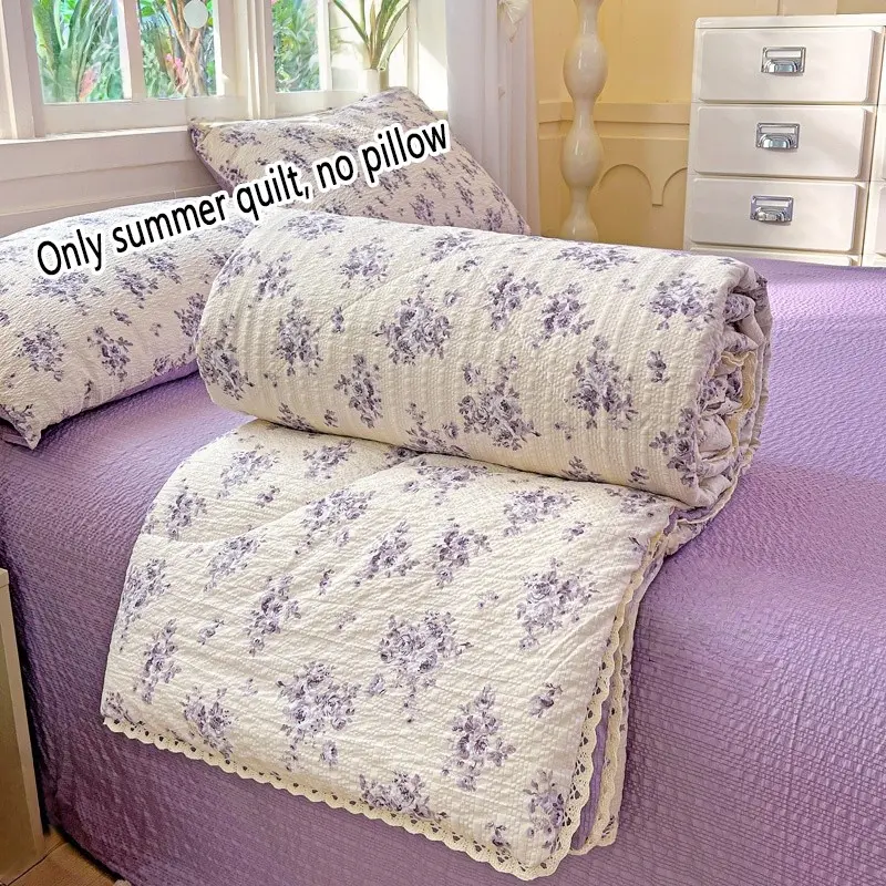 Purple Rose Floral Lace Trim Summer Thin Quilt, Floral Print Quilt, Lightweight Ultra-Soft Skin-Friendly Air Conditioning Quilt, Breathable Summer Cooling Blanket, Lightweight Breathable Bedspread, Ideal for Bedroom, Office & Living Room #GLOBAL PICKS