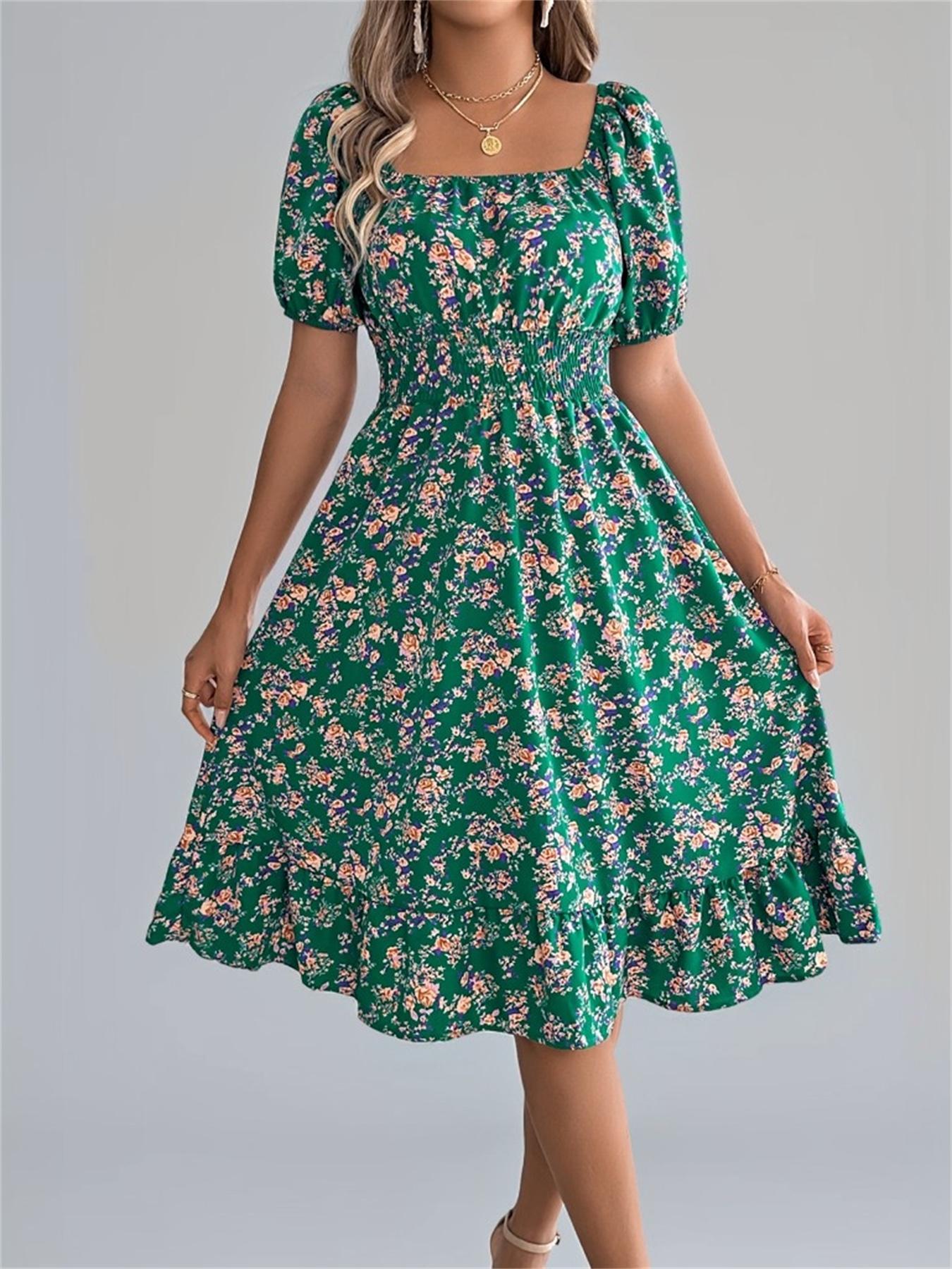 Women's Ditsy Floral Print Shirred Ruffle Hem Dress, Boho Fashion Square Neck Puff Sleeve Knee Length Dress for Holiday Daily Wear, Ladies Dress for Summer
