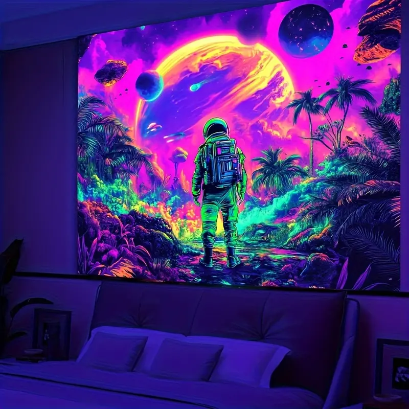 Trippy Neon Space Explorer Galaxy Tapestry, Alien Jungle Wall Hanging. No Power Needed, Multi-Size Options, Free Hooks Included for Indoor &  Decor outdoor style Wall Decor bedroom living room tapestry stapestry Glow-in-the-Dark