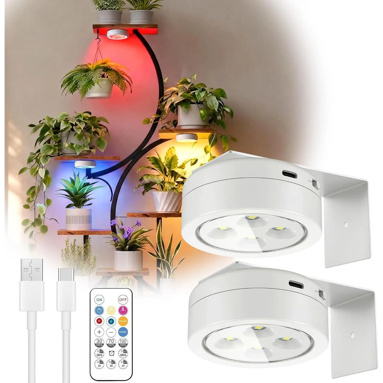 2 Pack Rechargeable Battery Grow Light, Full Spectrum Indoor Cordless Plant Light with Timer & Remote, Stepless Dimming,Type-C Charging 2000mAh,Wireless Magnetic Puck Plant Lights for Indoor Growing