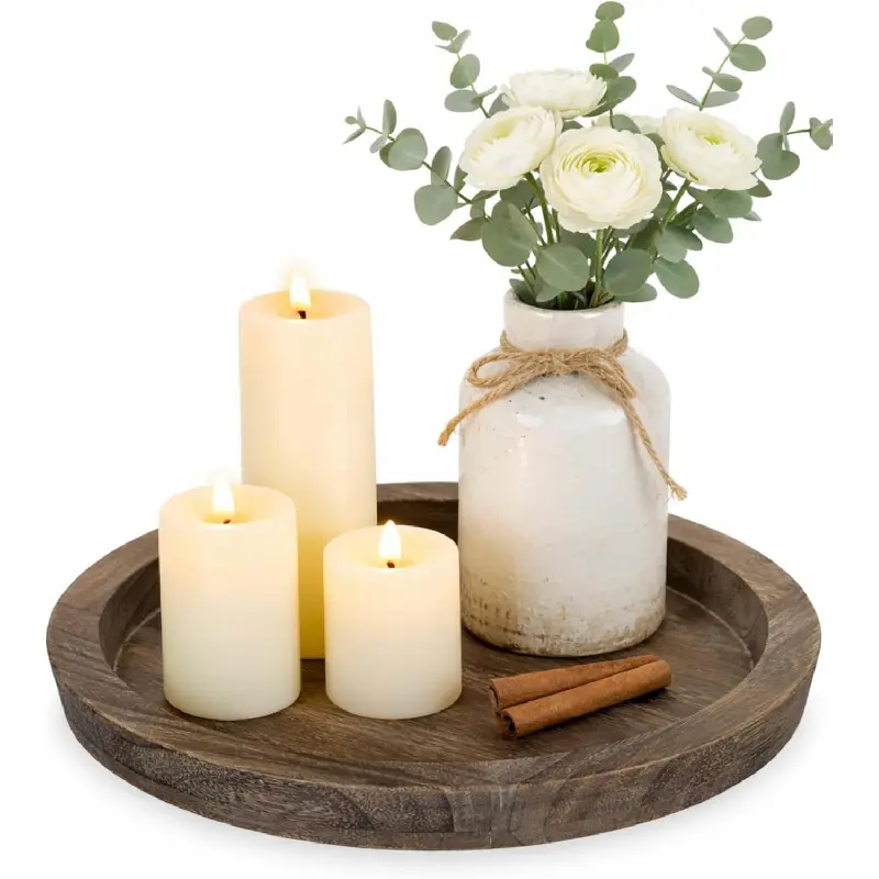 Wooden Candle Holder Tray, Rustic Distressed Round Plate for Farmhouse Centerpiece and Coffee Table Decor, Rustic Look