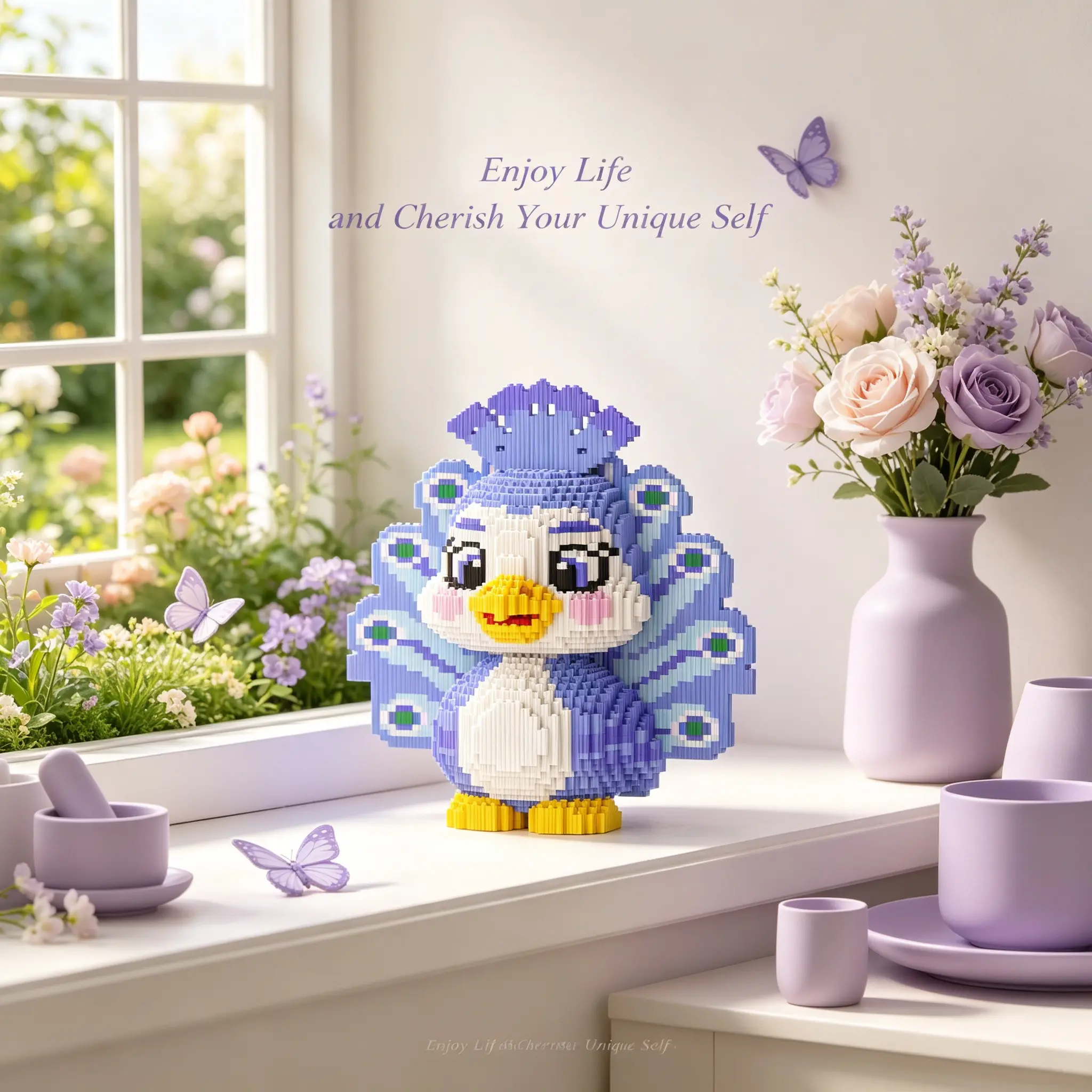 Lavender Peacock Building Block 3D Puzzle Model, Indoor Decoration, Birthday Christmas New Year Party Gift, DIY Craft, Collectible Statue