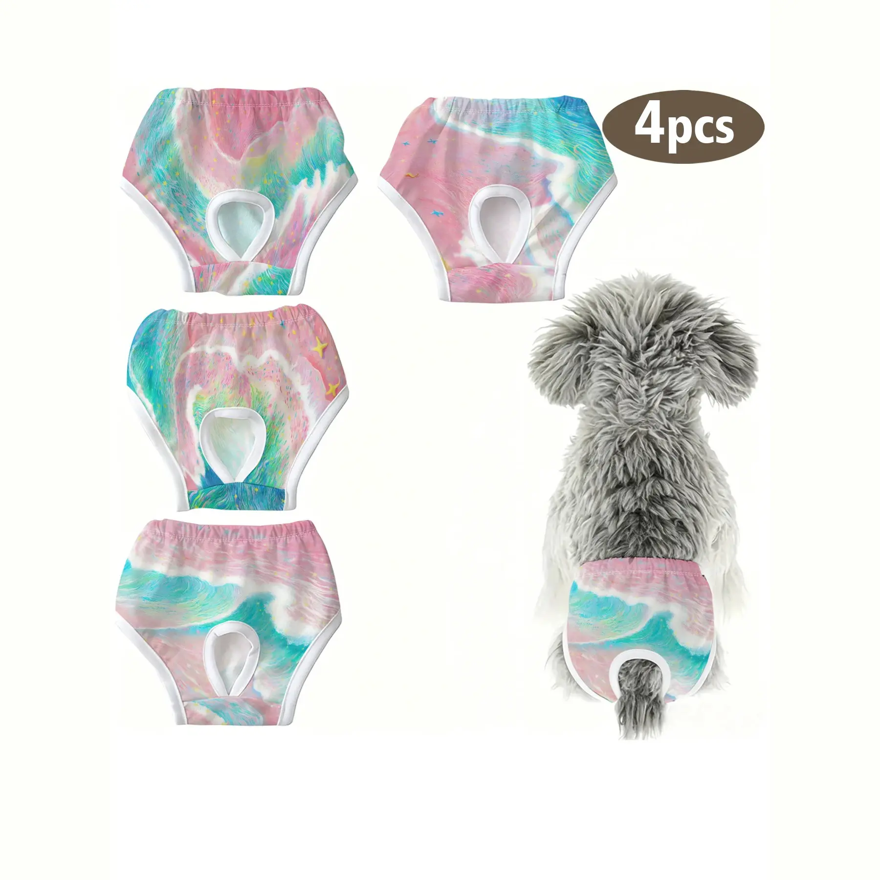 4-Pack Cute Pet Dog Cat Panties, Beach Hand-Drawn Print, Anti-Peck Underwear for Small Dogs and Cats, Ideal for Holidays, Home, Travel