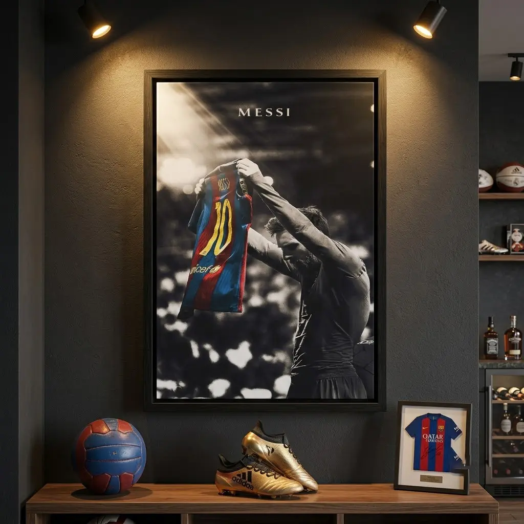 Lionel Messi Print, Football Poster, Messi Framed Canvas Wall Art Poster, Barcelona Soccer Legend Artwork, Argentina Football Player Decor, Soccer Fans Gift