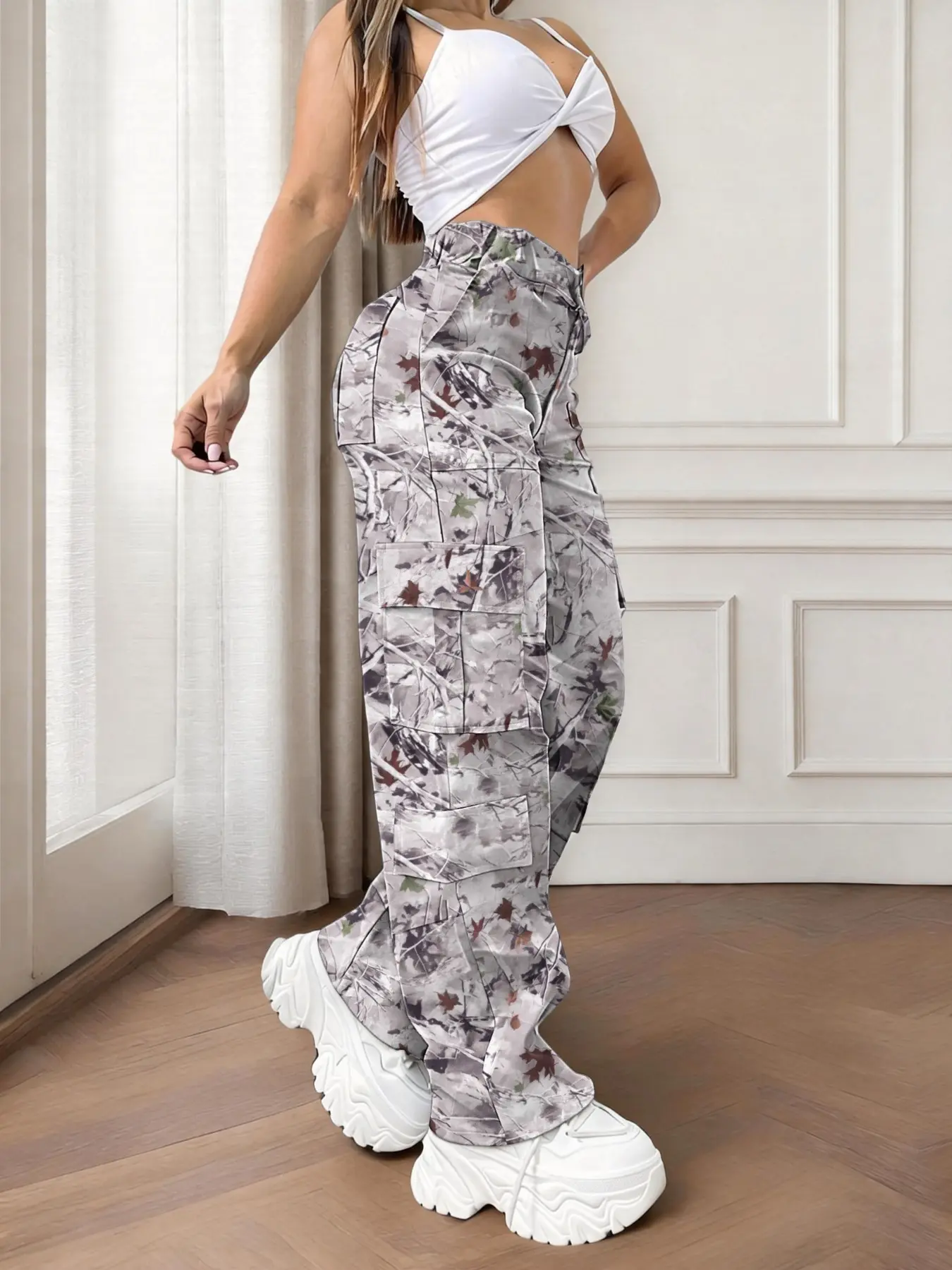 Printed Street Style Casual Cargo Pants, Multi-Pocket Long Casual Streetwear Pants for Commuting, Loose-Fit Zipper Fly, Spring & Fall Fashion, Casual Wear Bottoms