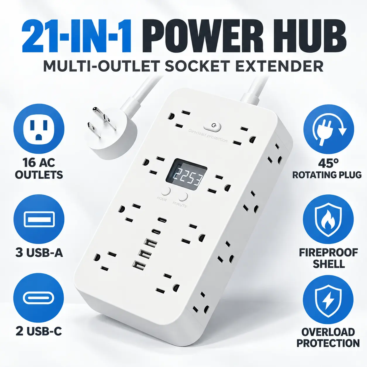 Heavy Duty Power Strip Socket Extender with 16 AC Plugs, Fast USB Charging Ports, 45 Degree Rotatable Adapter, Overload Protection and Fire Resistant Design for Everyday Use