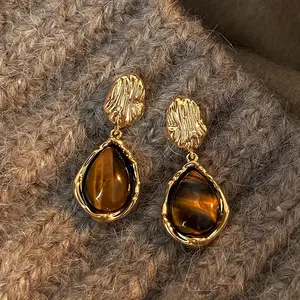 1 Pair Vintage Style Artificial Crystal Tiger Eye Teardrop Dangle Earrings for Women