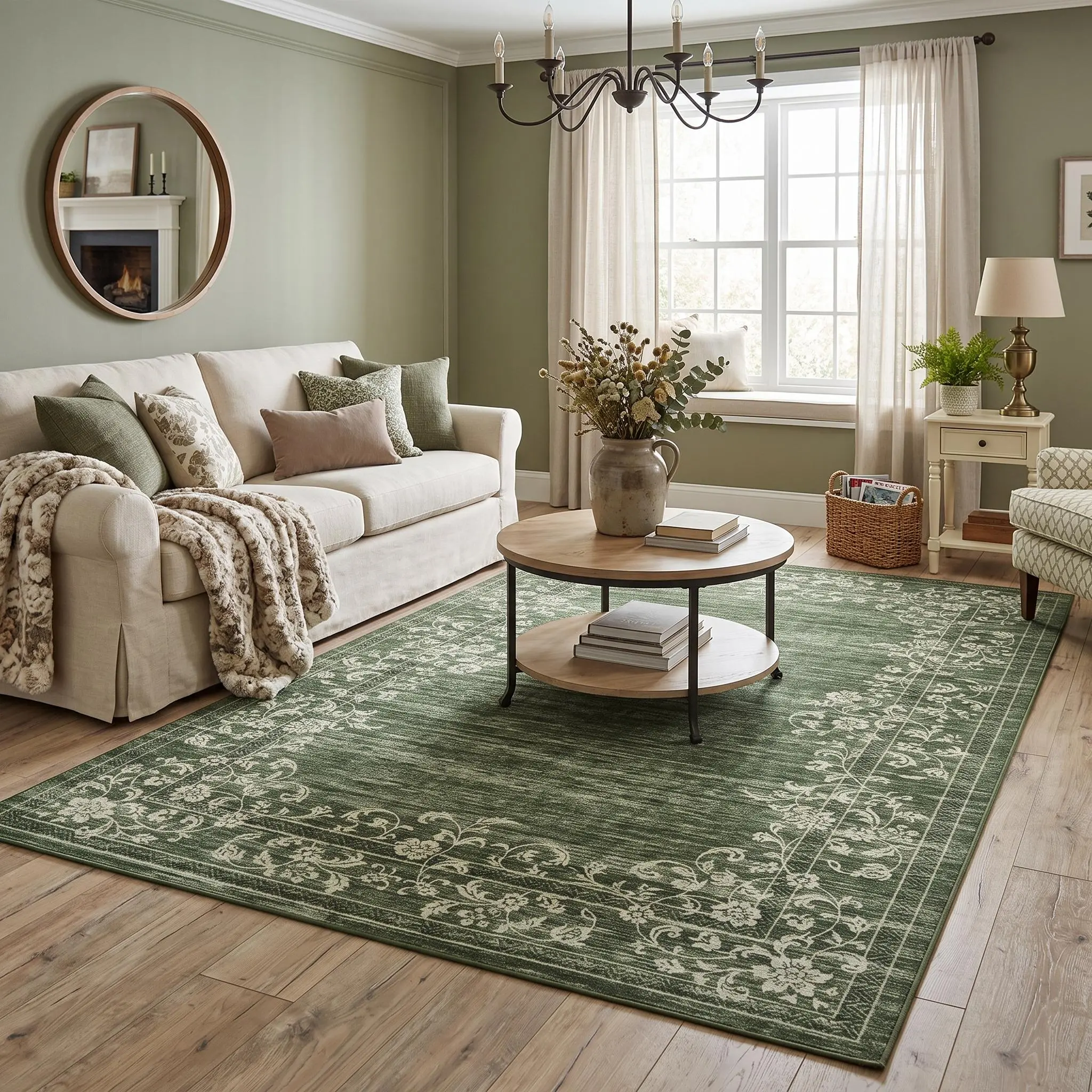 Vintage Distressed Floral Border Decorative Rug - Thin Low-Pile, Non-Slip, Machine-Washable, Soft Durable Unisex Rectangular Rug for Bedroom, Entryway Floor Mat, Farmhouse Traditional Living Room Decor, Rugs For Bedroom