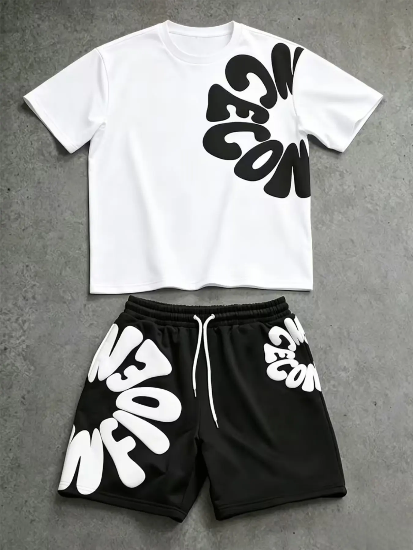 Men's Summer Street Style Bubble Letter Print Short Sleeve Set, Casual Fitted Tee and Shorts, Trendy Sportswear Two-Piece