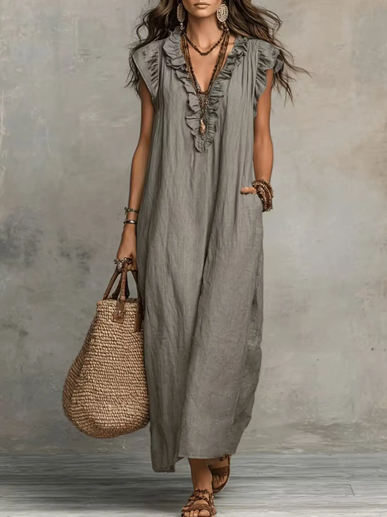 Women's Loose Sleeveless Long Dress, Ruffle Trim V-Neck, Side Pockets, Casual Flowy Split Hem, Straight Cut Midi Dress, Casual Wear