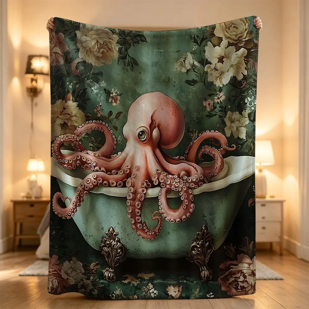 Octopus bathtub floral vintage decorative artistic cozy plush warm Flannel blanket, sofa leisure blanket, bed blanket, Plush Throw Blanket,Cozy Soft Lightweight Blanket,Boho Decorative Throw Blanket