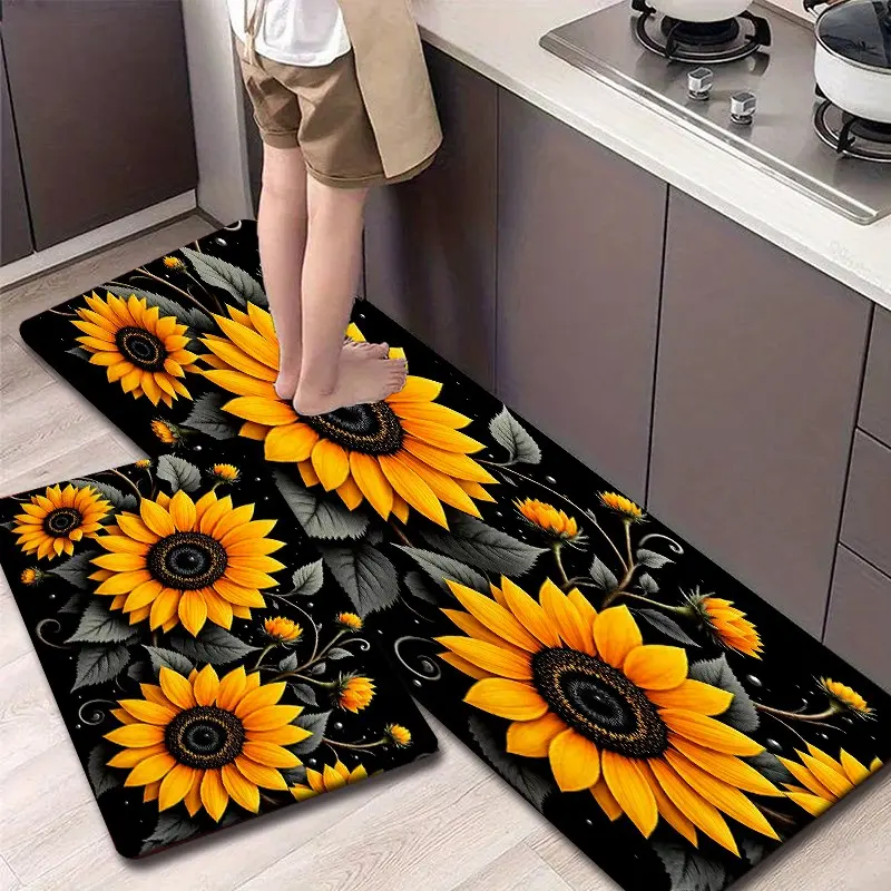 Kitchen Mat Set for floor 2/3 Piece, Sunflower Floral Kitchen Rug with Decorative, Non Slip Kitchen Rugs and Mats for Kitchen, Entryway, Bathroom, Laundry Room, Hallway