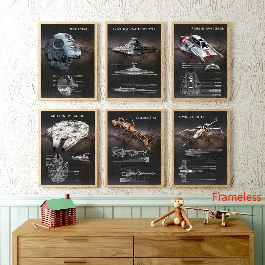 6pcs/set Space Wars Patents Art Prints Science Fiction Movie Poster Millennium Falcon, X-Wing Canvas Painting Office Wall Pictures Decor Home Wall Decor Artistic Indoor Decoration