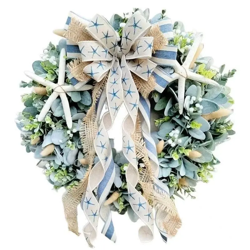 Summer Oceanic Style Artificial Wreath, Starfish Eucalyptus Leaf Door Hanging, Mediterranean Front Door Decor, 1pcs