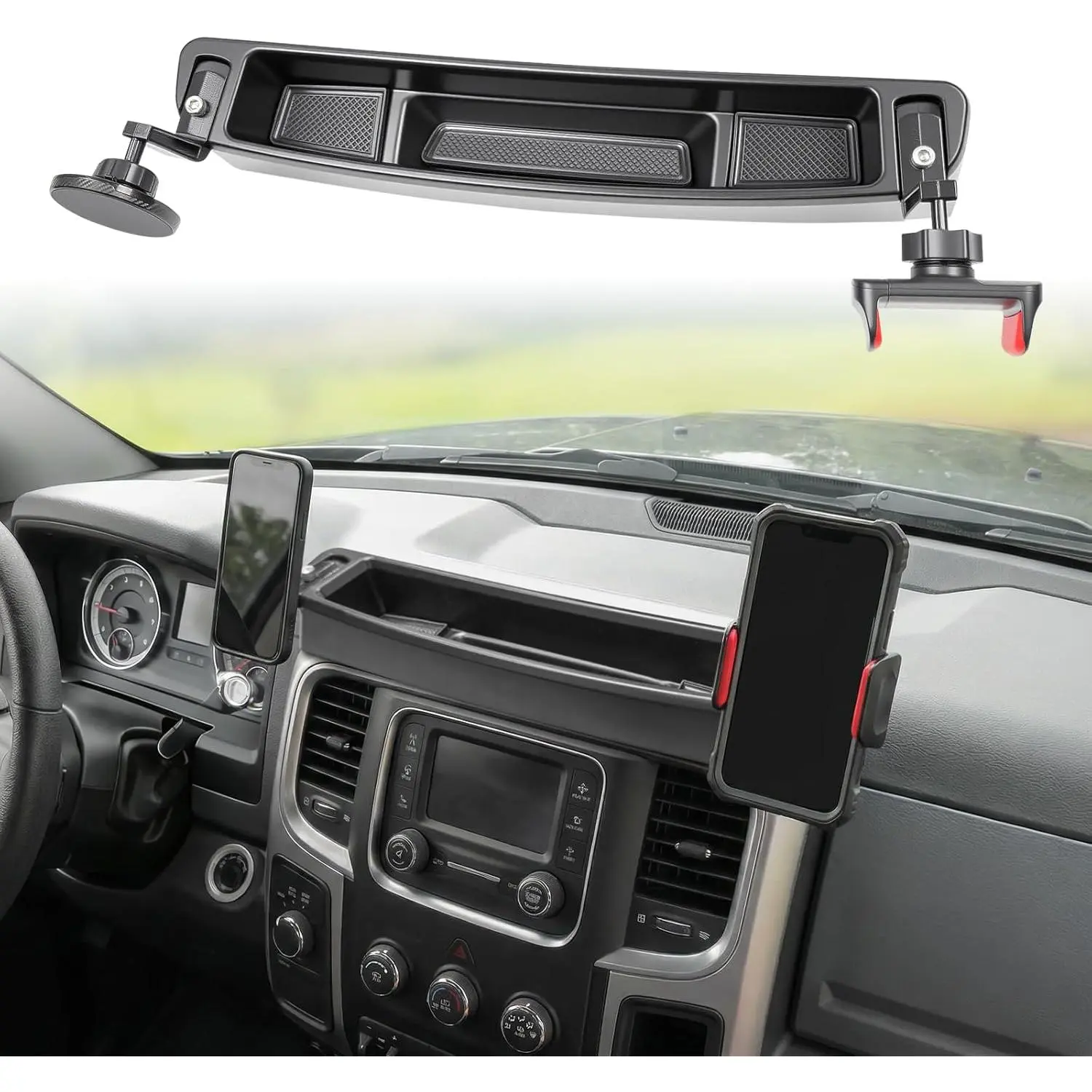 Dashboard Phone Holder Compatible with 2013-2018 Ram1500 2500 3500&2019-2024 Ram 1500 Classic Center Console Organizer Dash Tray Phone Mount for RAM Accessories(DodgeRam 2013-2018)