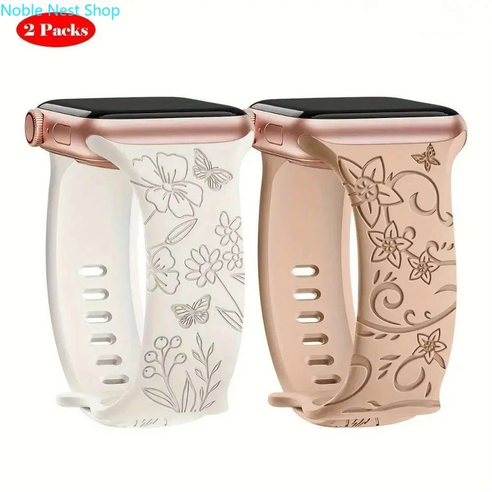 2-Pack Floral Engraved Silicone Smart Watch Bands, Sport Strap Compatible with 38-49mm Apple Watch Series 1-11 SE Ultra Soft Comfortable