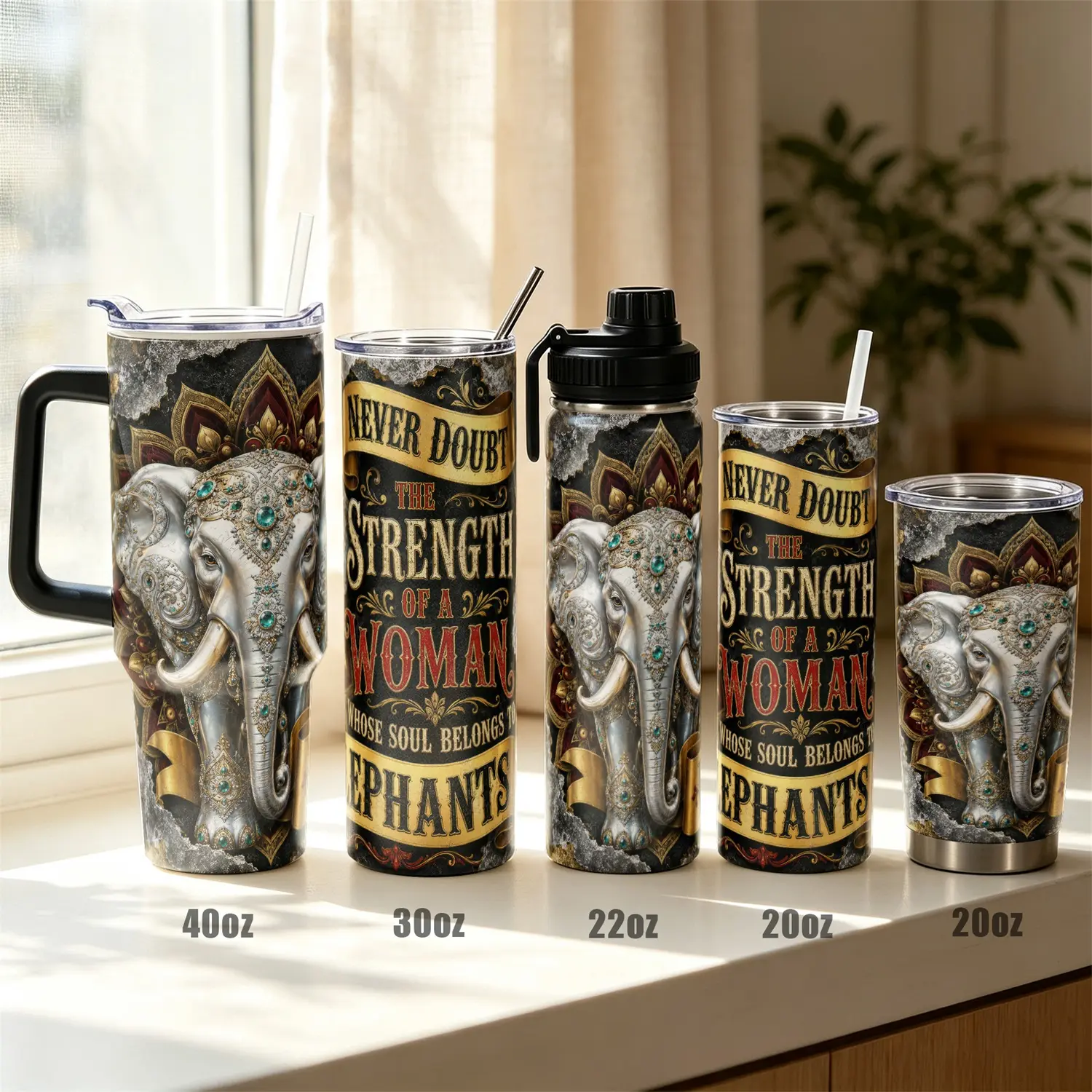 1pc, 40oz/30oz/22oz/20oz Tumbler Vacuum Insulated Stainless Steel Travel Mug with Leak Proof Lid, 12H Cold 8H Hot Elephant Themed Water Cup, Birthday Gifts for Women Elephant Lovers, for Gym Office Commute Hiking