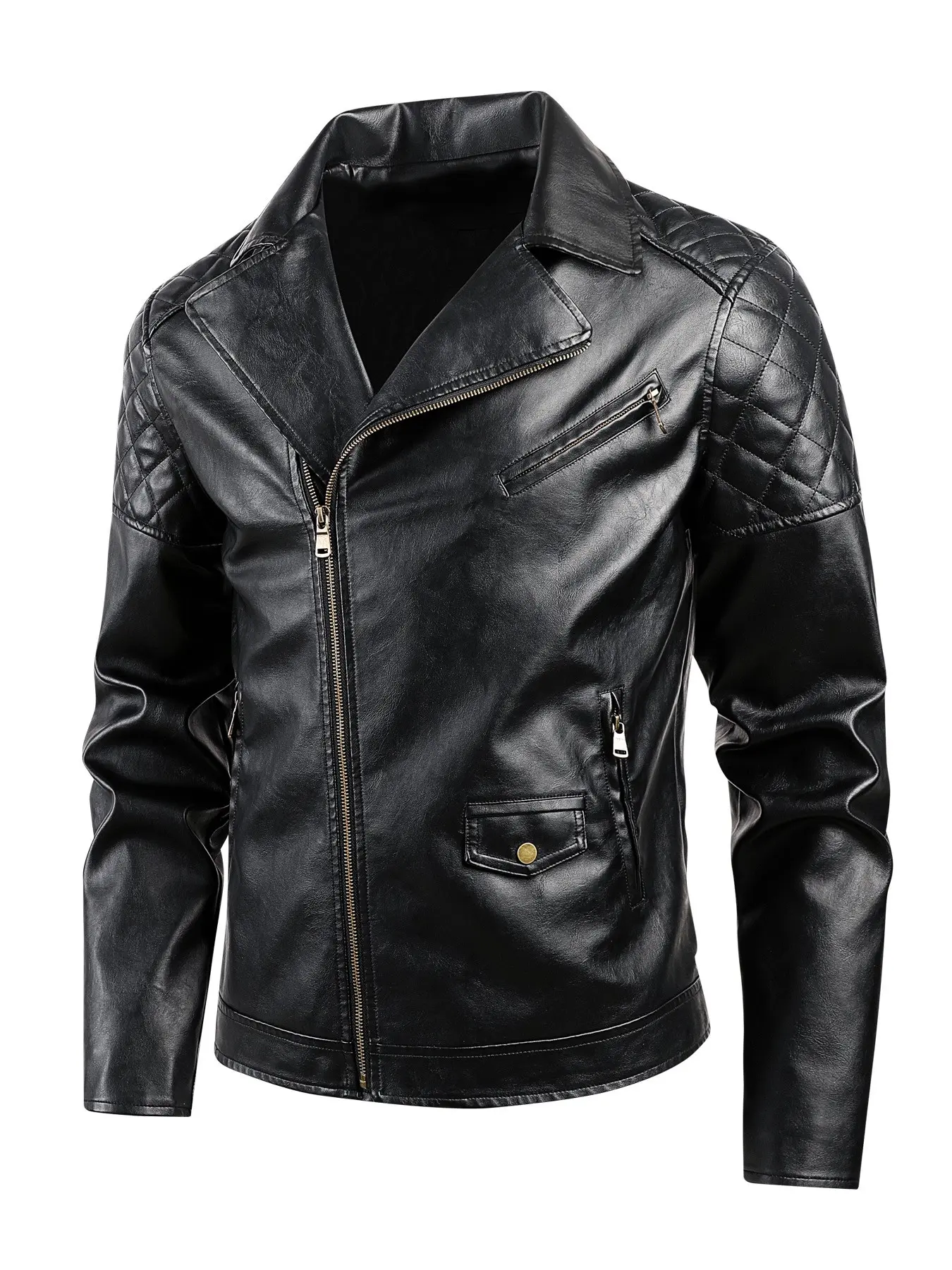 Autumn winter men's motorcycle leather jacket, diagonal zipper leather jacket, lapel PU jacket, quilted patchwork leather jacket, cycling motorcycle suit, slim fit leather jacket, American street cool  trendy men's top, multi pocket Flight jacket