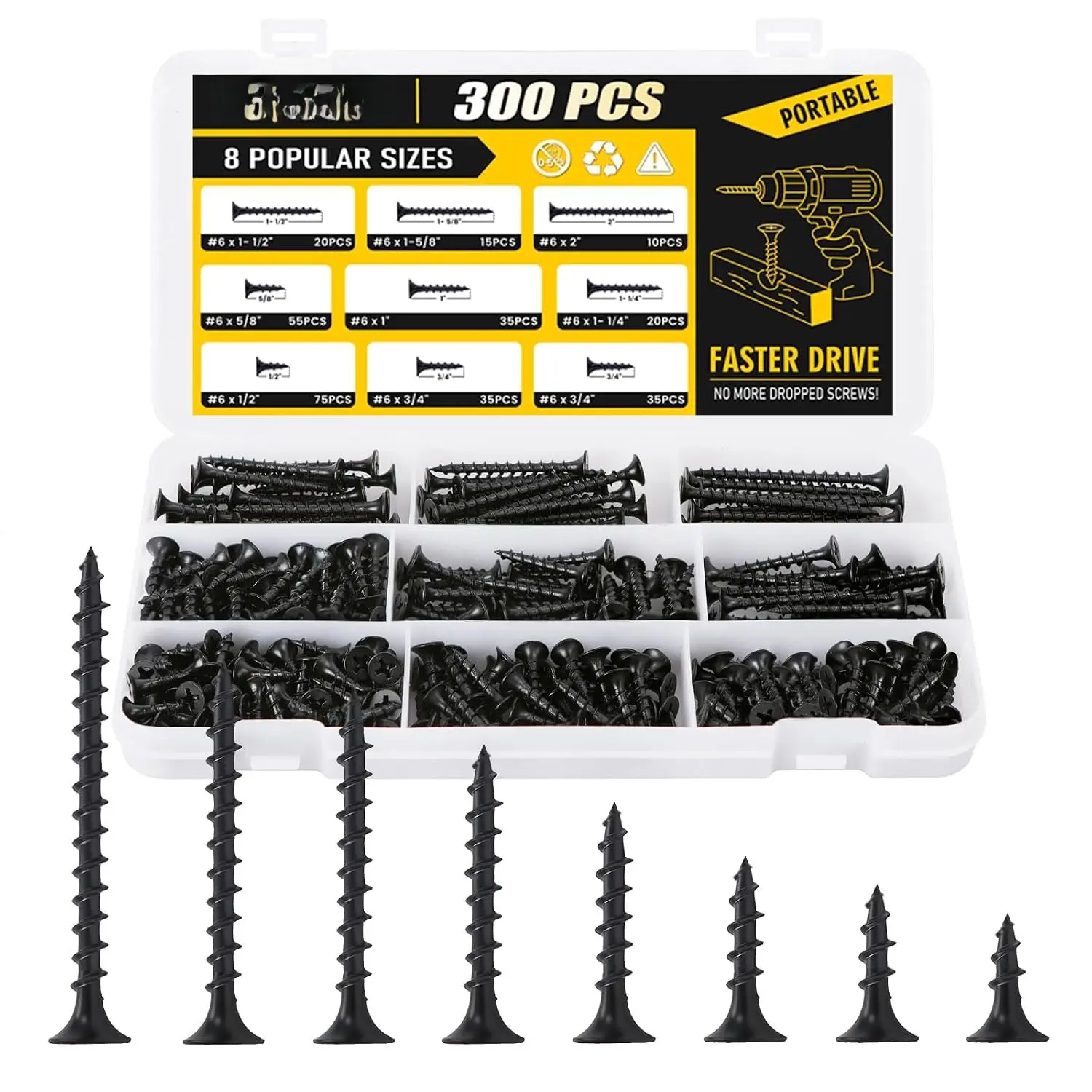 300 count Drywall Screws  Kit,   Screws Flat  Coarse Thread Wall Screws Set, Phillips Drive  Screws, 8 Size (2”,1-5/8”,1-1/2”,1-1/4”,1”,3/4”,5/8”,1/2”), Black