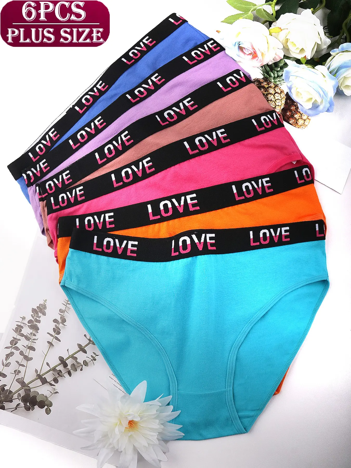 6-Pack Plus Size Women's Underwear, Print Panties, Letter Waistband Print, Soft Comfortable, All-Day Wear, Summer Large Sizes, Multiple Colors Available