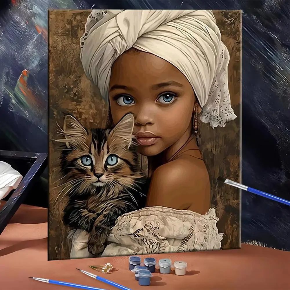 Paint by Numbers Kit, 40x50cm DIY Canvas Portrait of Woman & Kitten, Digital Oil Painting Supplies, Handpainted Gift for Mother’s Day, Valentine’s Day, Birthdays