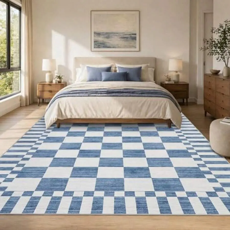 8*10 Area Rugs For Living Room, Dark Blue Checkered Rug Modern Non-Slip Washable Farmhouse Geometric Checkerboard Rugs For Bedroom Dining Room Office