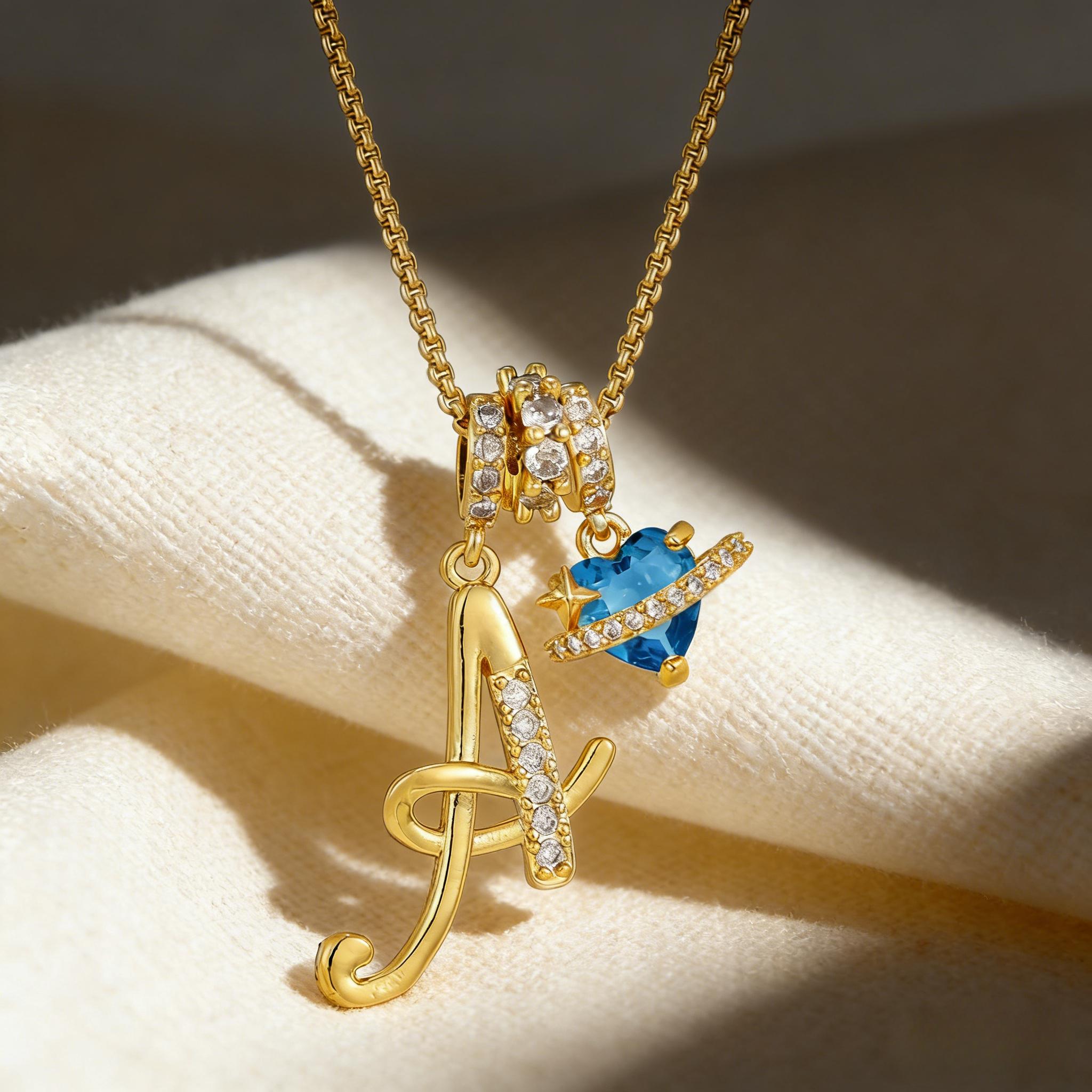 FAITHOPIA Initial   for Women, Gold Letter Pendant  with Blue  Zircon Charm, Personalized A-Z Jewelry Gift necklace Heart
