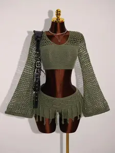 Olive Crochet Two-Piece Set, Flare Sleeve Tie Crop Top, Fringe Mini Skirt, Summer Beach Holiday Boho Chic Style, Hollow Out Knit Sweater