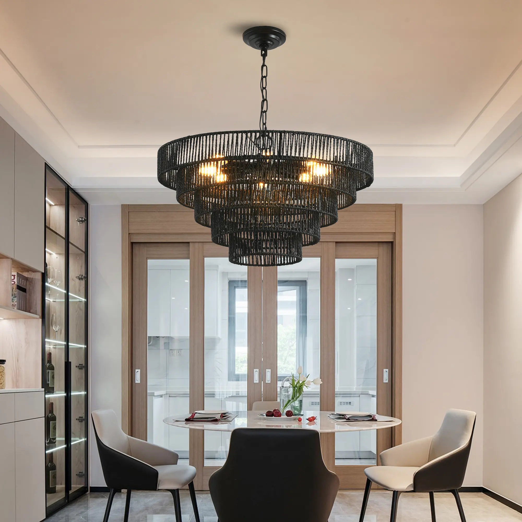ARCH 24 Inch Rustic 5-Tier Black Hemp Rope Pendant Light Chandelier with 8 E12 Sockets, Boho Farmhouse Ceiling Fixture for Dining Room Kitchen Entryway, Industrial Retro Hanging Lamp, Bulbs Not Included, Black Color Options, Iron/Rope Material,sohochic