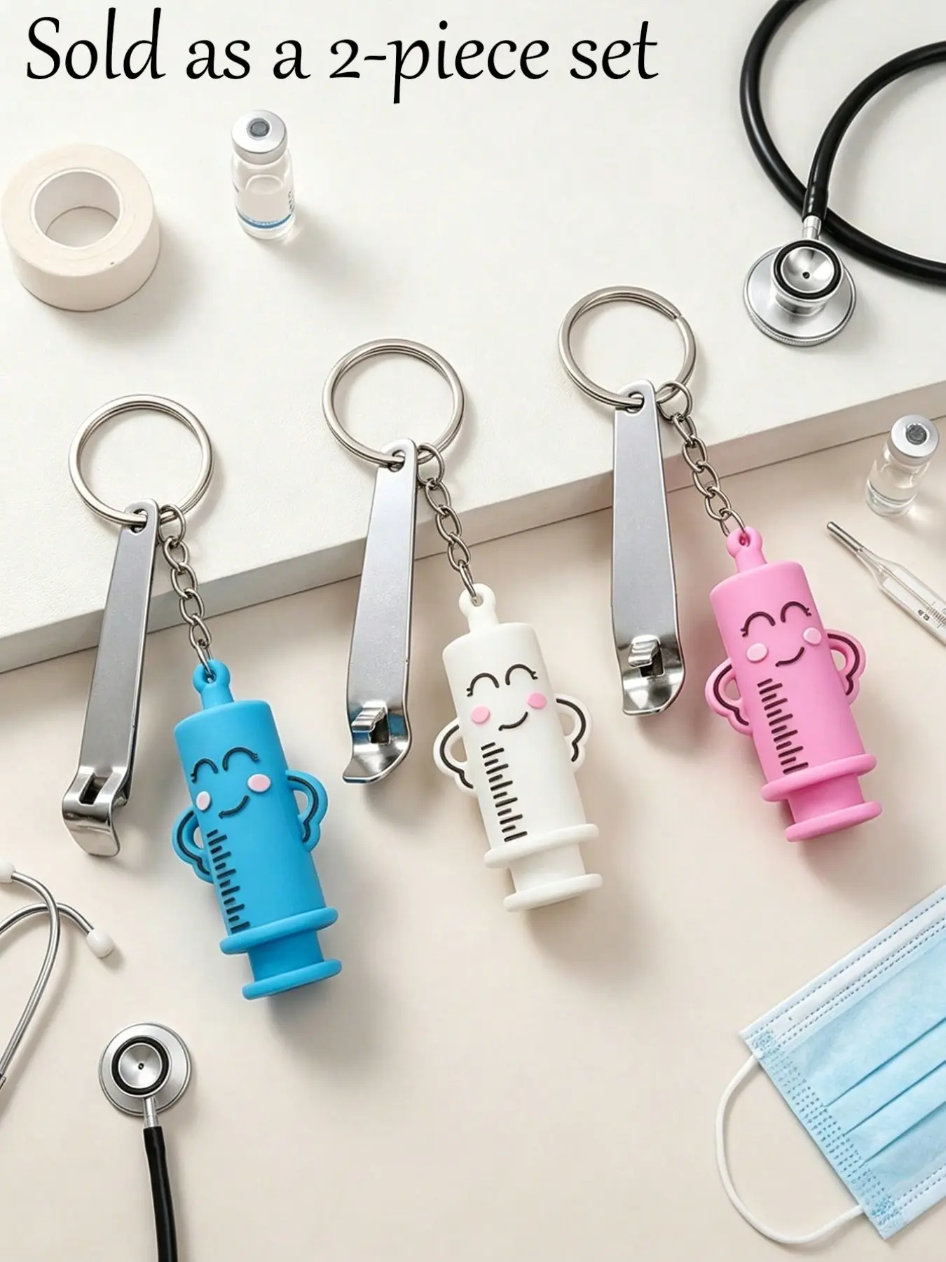 2 Piece Nurse Amphetamine Bottle Opener Keychain Set, Oral Liquid Opening Tool, Cute Syringe Design Key Ring, Ideal Gift for Medical Staff