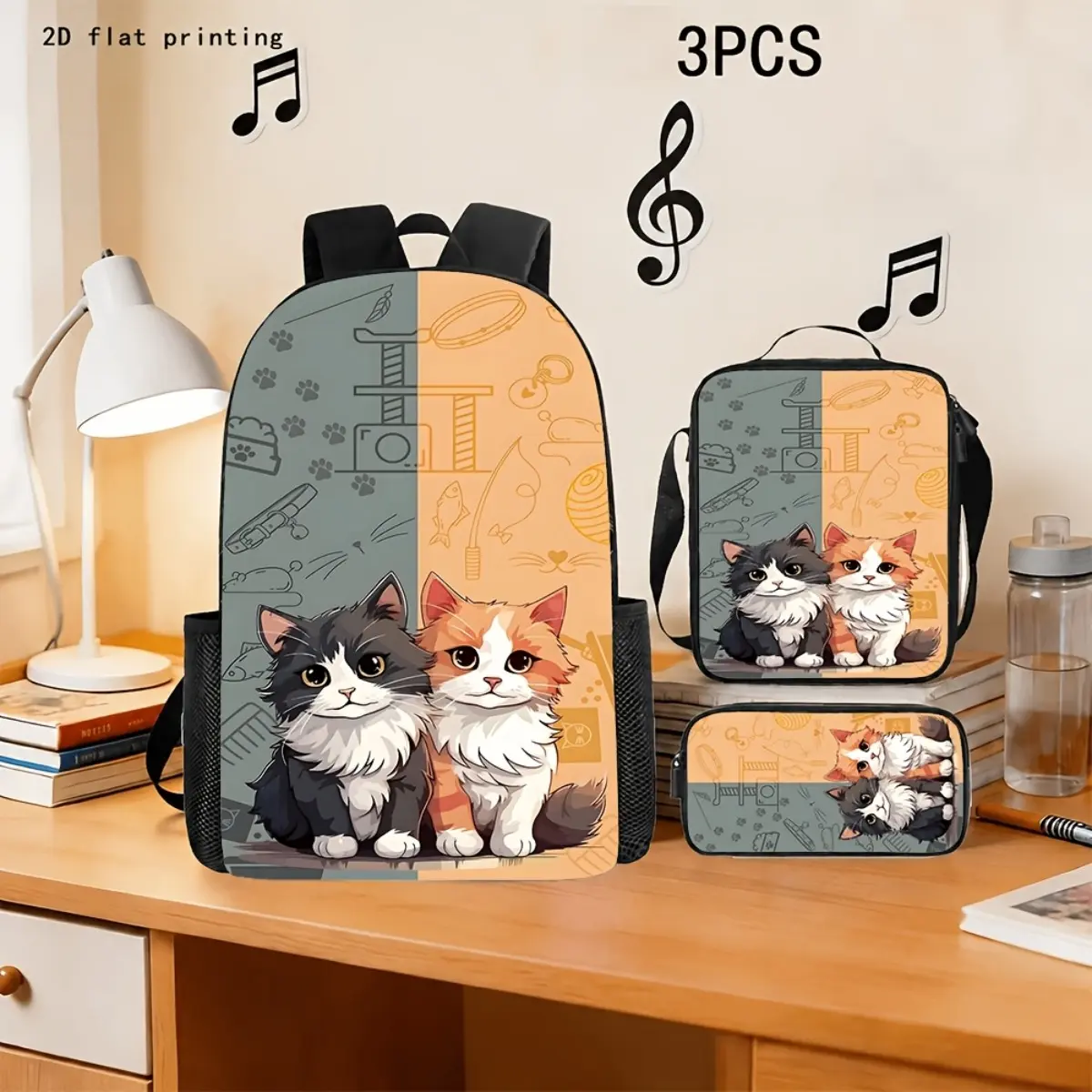 3pcs Large Capacity Cat-Themed Backpack with Lunch Bag & Pencil Case Suitable for,, College Students, Adjustable Laptop Compartment, Lunchbox, Book Storage, Machine Washable Backpack System, for Teenager
