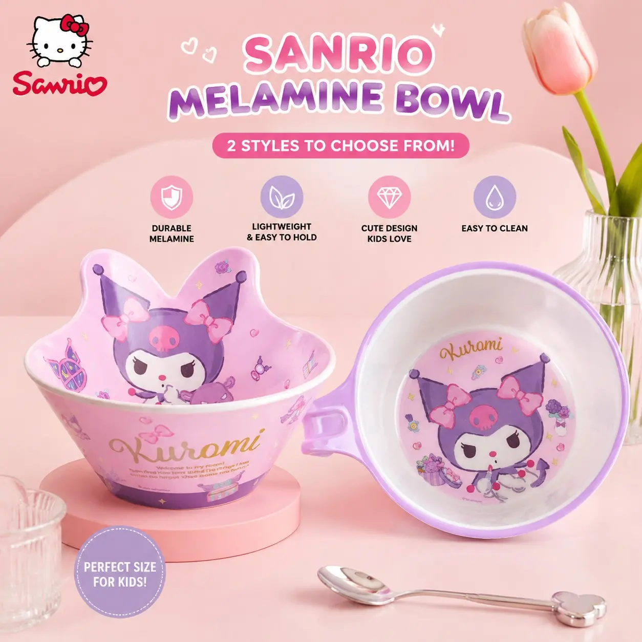 Sanrio Kuromi Melamine Bowl, Cute Anime Salad Cereal Soup Basin, Kawaii Handle, Durable Dessert Bowl, Gift for Summer Picnic, Salad Bowls