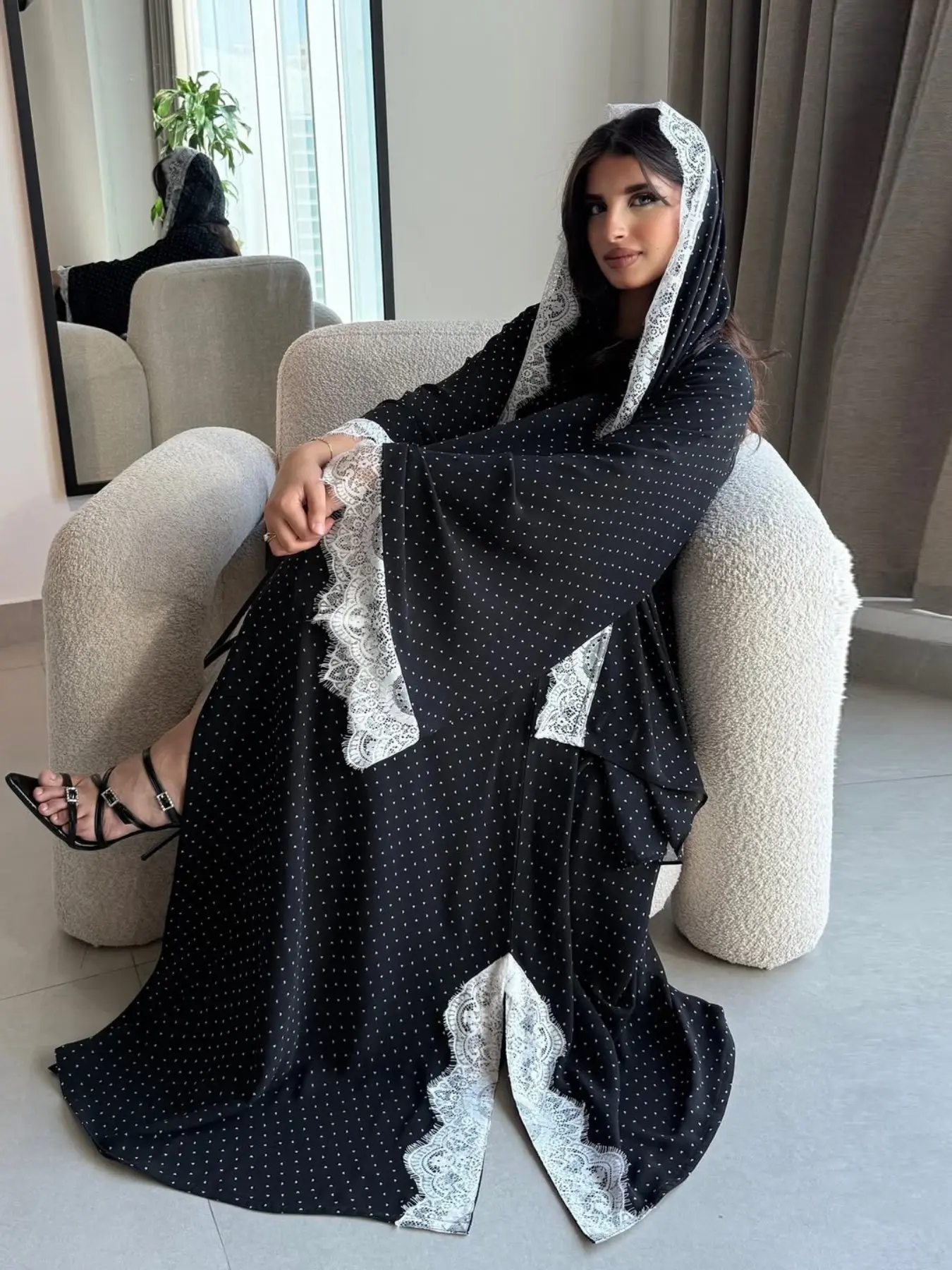 2026 Summer New Fashion Sweet Lace Trim Polka Dot Print Robe Cardigan with Headscarf, Casual Cover Up Loose-Fitting Outerwear for All Seasons
